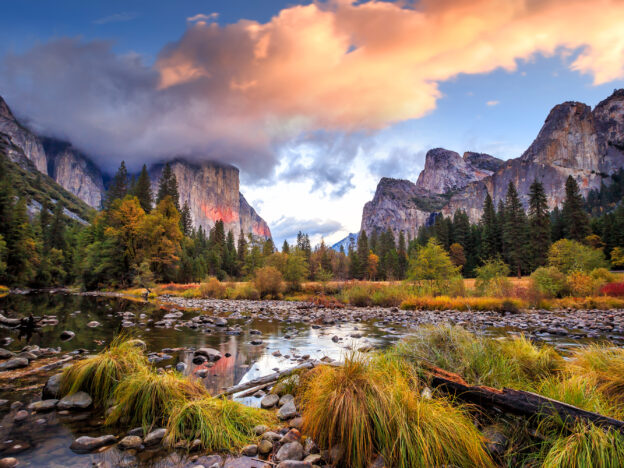 Beautiful view of yosemite national park at sunset in California