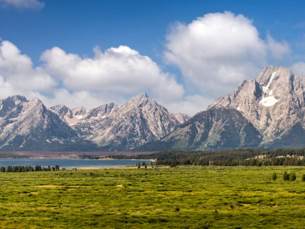 Grand Teton national park, mountain range panorama, Wyoming, USA. Panoramic web banner.