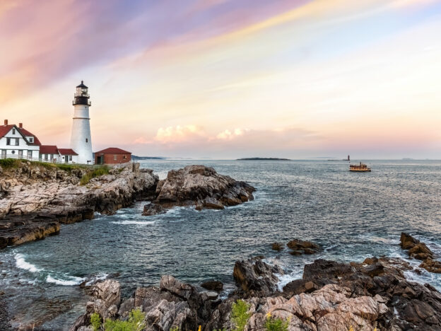 Panoramic view of the Portland Head Lighthouse at sunset. Cape Elizabeth, Maine, USA.