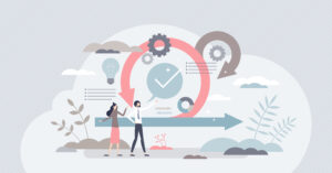 Scrum agile framework plan as software development method tiny person concept. Effective teamwork for project sprint vector illustration. Adaptive programming rule cycle and process managing strategy.