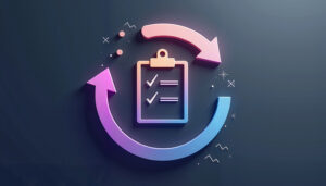 Stylized checklist in a circular arrow design on a dark background with copy space