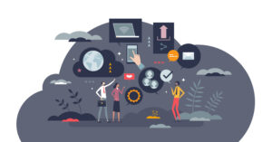 Social media and digital communication applications tiny person concept, transparent background. Website for multimedia sharing, posting, like or comment activities illustration. Global blog, contact.