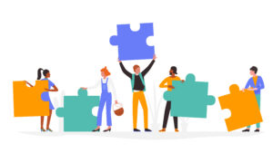 People with puzzle concept vector illustration. Cartoon man woman group of characters in casual clothing, holding puzzle jigsaw pieces, standing and communicating, communication isolated on white
