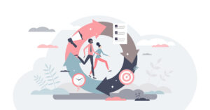 PDCA as plan, do, check and act steps for quality control tiny person concept, transparent background. Method for continuous improvement of processes and products illustration.