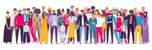 Multiethnic group of people. Society, multicultural community portrait and citizens. Young, adult and elder people. Aging african and asian ladies or european students vector illustration