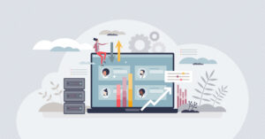 HR data platform and company employee database software tiny person concept. Human resources work organization with automatic effective and productive job statistics evaluation vector illustration.