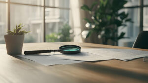 Magnifying Glass On Documents In Sunlit Home Office Magnifying Glass On Documents In Sunlit Home Office
