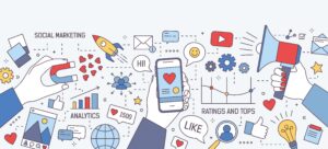 Horizontal banner with hands holding magnet, megaphone and smartphone with heart on screen surrounded by symbols and charts. Social media marketing, seo optimization. Modern vector illustration. Horizontal banner with hands holding magnet, megaphone and smartphone with heart on screen surrounded by symbols and charts. Social media marketing, seo optimization. Modern vector illustration
