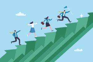 Sustainable growth, long term success or growing business with winning strategy, improvement or steps to team success, productivity concept, business people employee step up sustained growth arrow. Sustainable growth, long term success or growing business with winning strategy, improvement or steps to team success, productivity concept, business people employee step up sustained growth arrow.