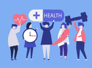 Charactes of people holding health icons illustration Charactes of people holding health icons illustration