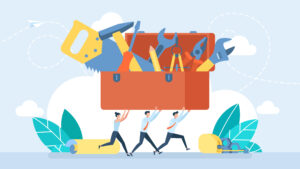 Quick assistance in repair and maintenance. Tiny characters carry a toolbox. Workman's toolkit. Red toolbox with instruments inside. Tool chest with hand tools. Set building tools repair. Flat Vector